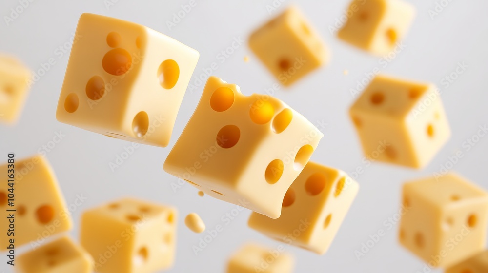 Floating cheese cubes with holes on a white backdrop. The image includes pathways that can be edited. Floating cheese cubes with holes on a white backdrop. The image includes pathways that can be edited.