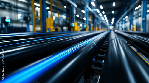 An industrial production line creating black polyethylene pipes with blue lines running through them, representing HDPE pipes for gas and water distribution, capturing the essence