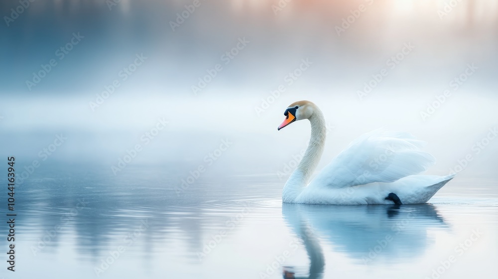 Serene White Swan Gliding Through Misty Waters - Tranquil Nature Scene with Dreamy Atmosphere and Reflections Serene White Swan Gliding Through Misty Waters - Tranquil Nature Scene with Dreamy Atmosphere and Reflections