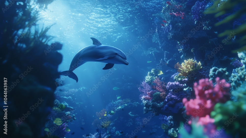 Fototapeta premium Enchanting Encounter: Whimsical Dolphin Pod and Diver in Vibrant Deep Sea World, Ultra-Detailed Exploration of Marine Life