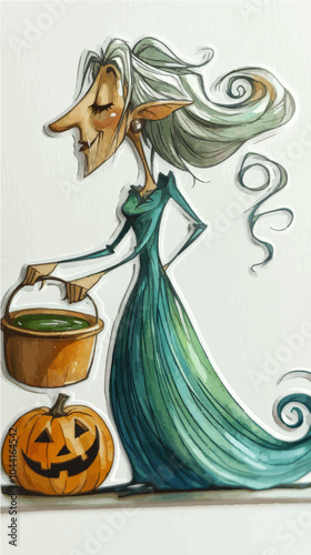 Watercolor sticker of a tall witch with a long nose holding a green potion in a cauldron, jack-o'-lantern beside her