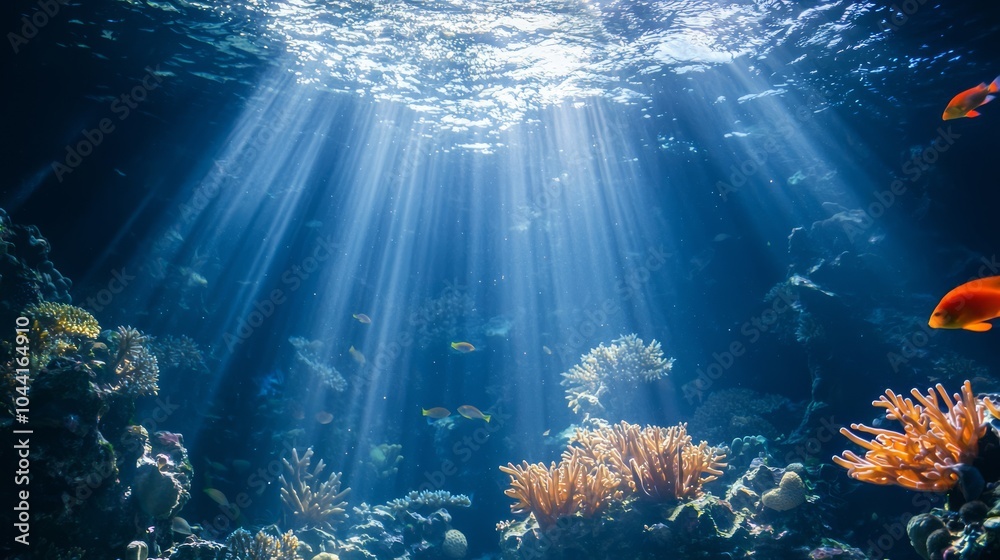 Naklejka premium Serene Sunlit Coral Garden: Vibrant Marine Life in Deep Sea Underwater Landscape