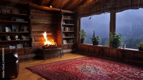 Peaceful cottage fireplace  generative AI