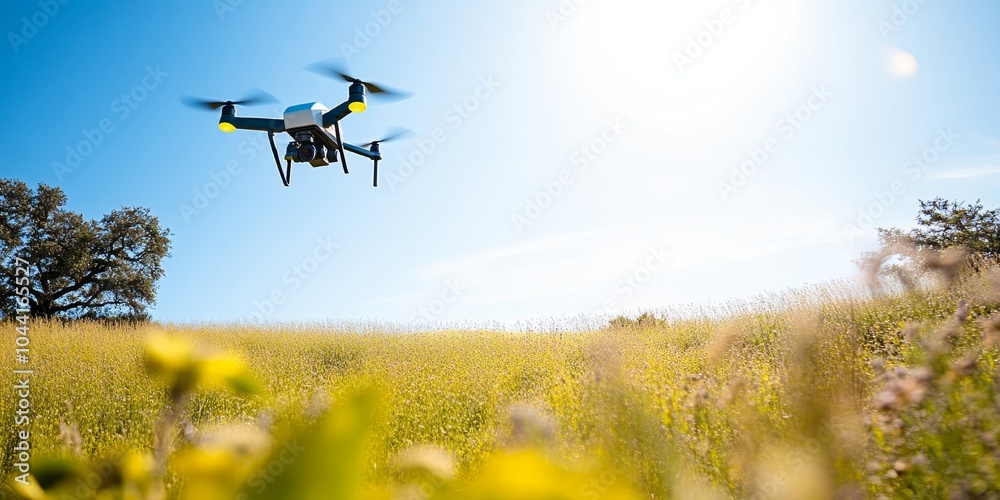 Drone over field monitoring herbicide application in bright sky, showcasing agricultural technology, health risk Drone over field monitoring herbicide application in bright sky, showcasing agricultural technology, health risk