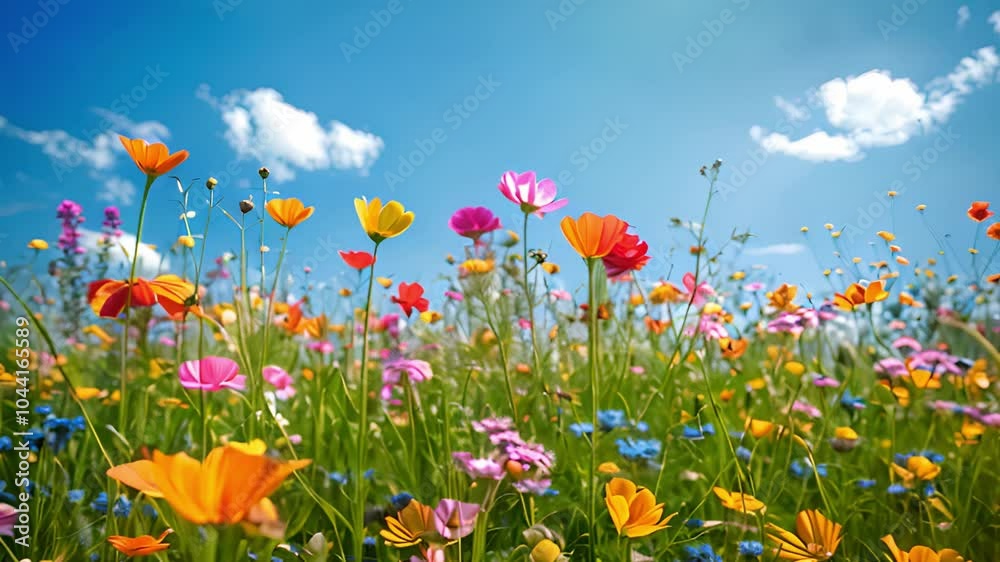 Colorful flowers in full bloom spread across a field under a vivid blue sky on a sunny day. Colorful flowers in full bloom spread across a field under a vivid blue sky on a sunny day.