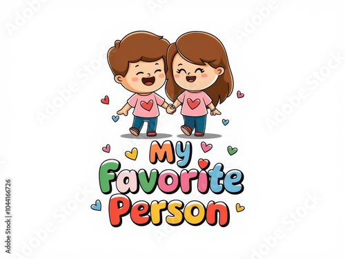 Cute Cartoon Couple Holding Hands with Colorful Hearts and Text