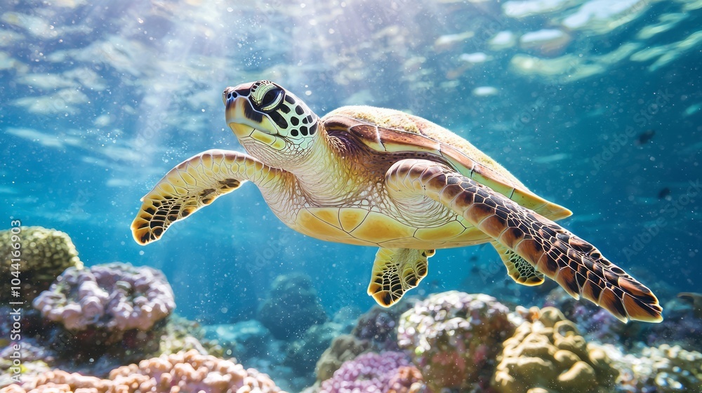 Fototapeta premium Majestic Family of Sea Turtles Swimming in Vibrant Coral Reef Waters - Underwater Nature Scene
