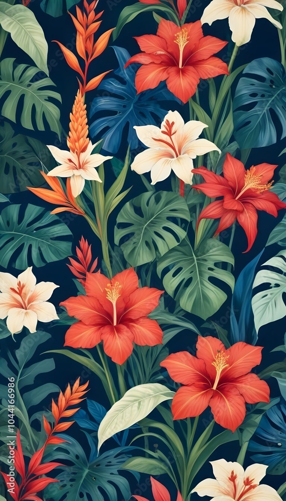 Tropical exotic pattern with animal and flowers in bright colors and lush vegetation Tropical exotic pattern with animal and flowers in bright colors and lush vegetation