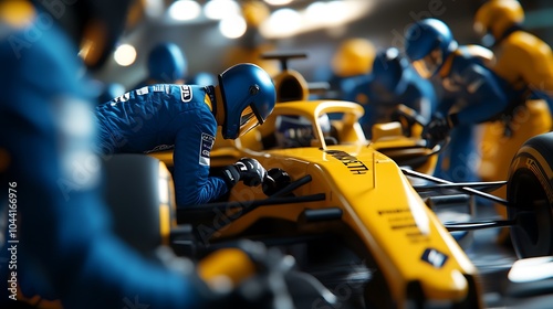 A pit crew works quickly to service a Formula 1 race car during a pit stop. photo