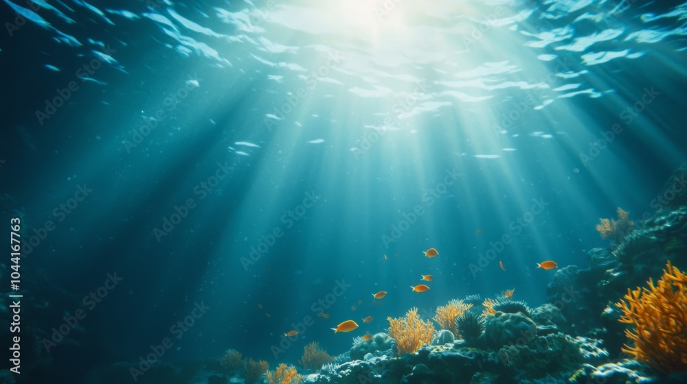 Fototapeta premium Spectacular Underwater World: Vibrant Coral Reef with Exotic Fish in Sunlit Depths