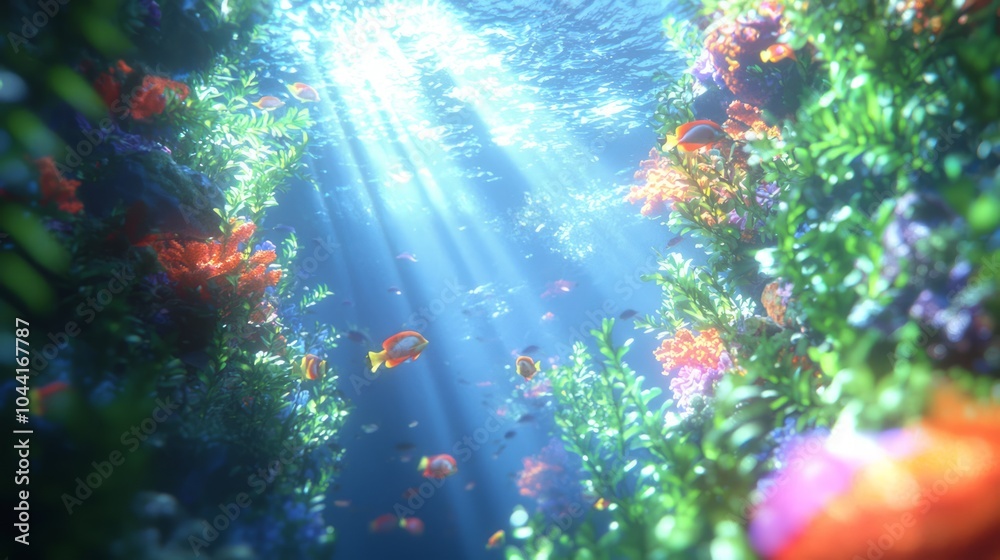 Fototapeta premium Majestic Underwater Wonderland: Vibrant Coral Reef and Exotic Fish in Deep Sea Illuminated by Sun Rays