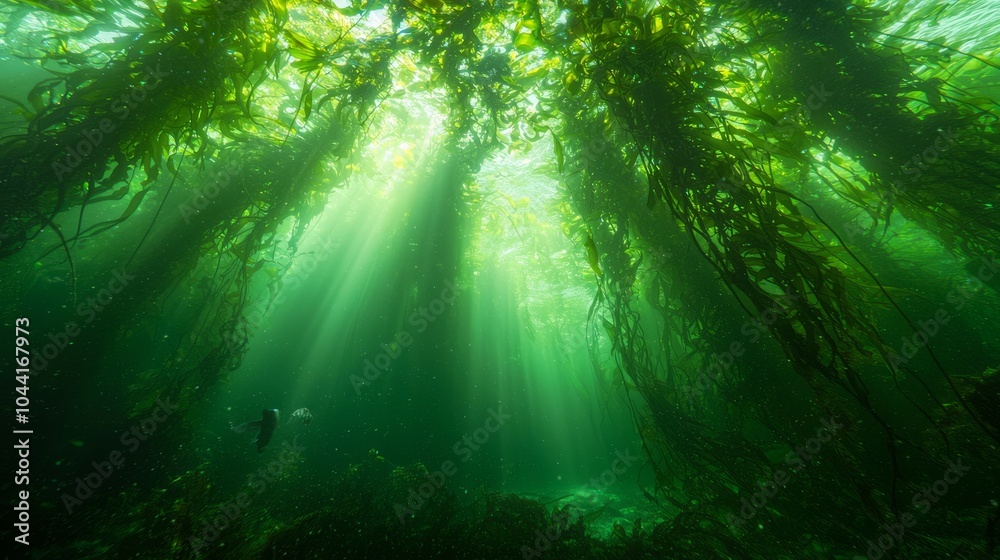Obraz premium Enchanting Underwater Realm: Towering Kelp Forests and Playful Sea Otters in Deep Sea Ecosystem | Ultra-Detailed Ocean Photography