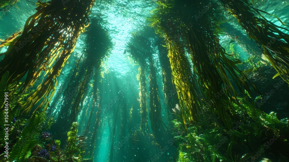 Obraz premium Enchanting Underwater World: Majestic Kelp Forests with Playful Sea Otters in Deep Sea Ecosystem - Ultra-Detailed Ocean Photography