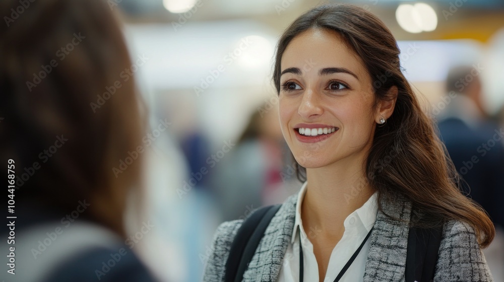 Fototapeta premium A woman smiling and engaging in conversation at a professional event.