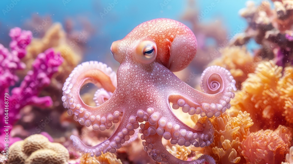 Naklejka premium Mysterious Octopus Camouflaging Among Vibrant Coral in Deep Sea - Capturing Adaptability and Intelligence in Underwater World
