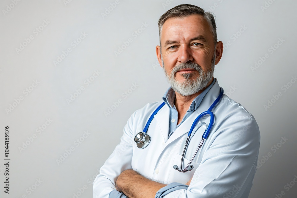 Mature medical professional is standing with his arms crossed, conveying experience and trustworthiness Mature medical professional is standing with his arms crossed, conveying experience and trustworthiness