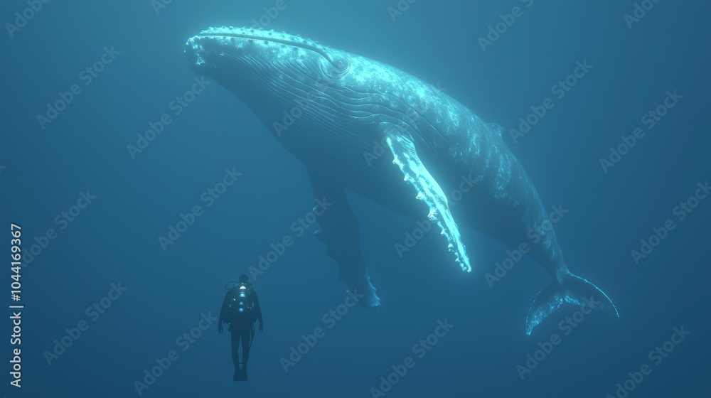 Naklejka premium Exploring the Depths: Diver Swimming with Majestic Humpback Whale in Ultra-Detailed Underwater Scene
