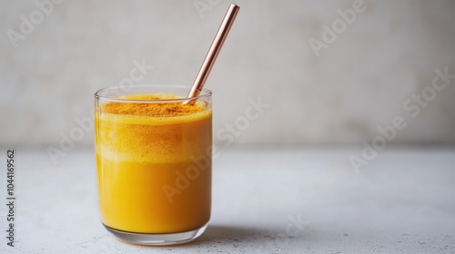 Double-walled glass tumbler with golden turmeric coconut drink, copper straw, white terrazzo counter, bright diffused daylight