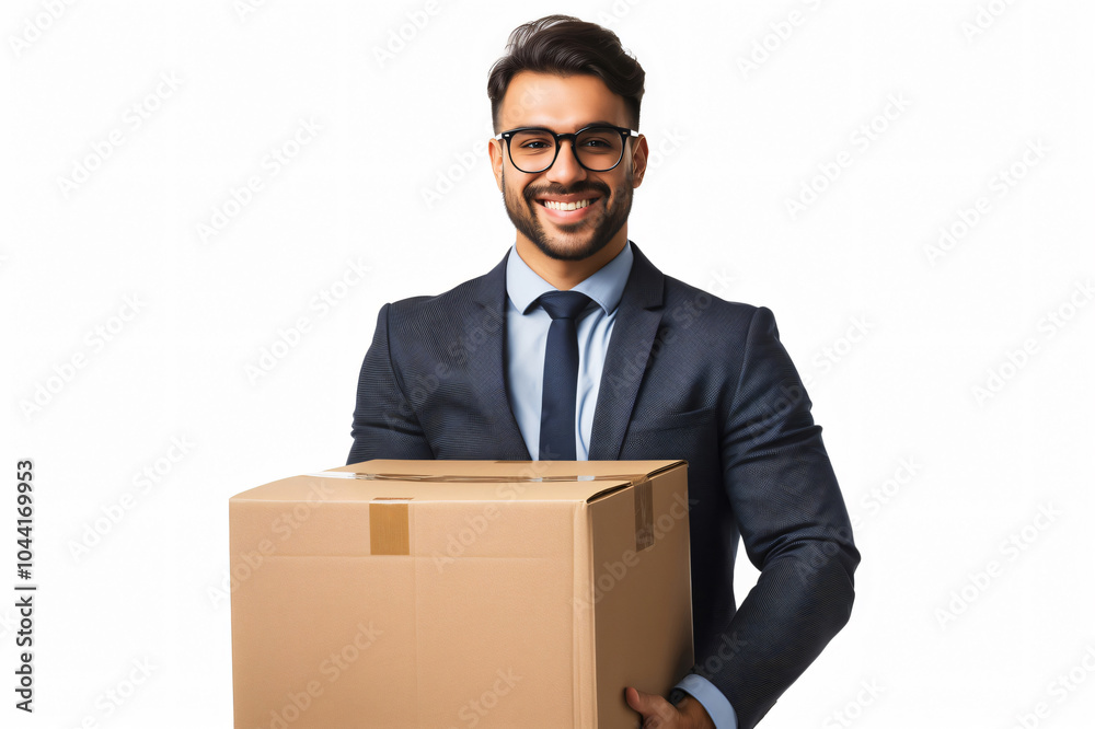 Young businessman is smiling while holding a cardboard box, suggesting a successful delivery or shipment Young businessman is smiling while holding a cardboard box, suggesting a successful delivery or shipment