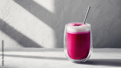 Double-walled glass tumbler with ruby red beetroot latte, chrome straw, white concrete surface, bright natural backlighting, clean modern styling photo