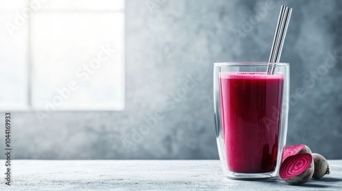 Double-walled glass tumbler with ruby red beetroot latte, chrome straw, white concrete surface, bright natural backlighting, clean modern styling photo