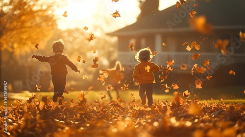 A burst of autumn colors fills the yard as a mother and her child leap into a big pile of leaves, their laughter filling the air, with the fall trees gently swaying in the backgroud