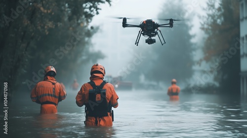 Search and rescue teams in orange safety gear guide people through floodwaters, as a drone hovers above assessing the extent of hurricane damage in the city