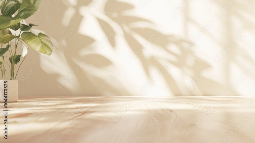 Minimal sunlit background with natural shadows cast by a plant against a light wall, creating a simple and modern design ideal for interior spaces Minimal sunlit background with natural shadows cast by a plant against a light wall, creating a simple and modern design ideal for interior spaces