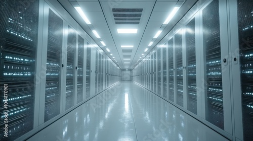 Modern Data Center Hallway with Illuminated Server Racks and Sleek Design