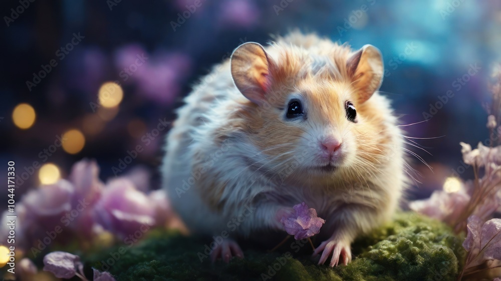 A fluffy hamster with large ears sits on a bed of moss and flowers with a magical background of twinkling lights.