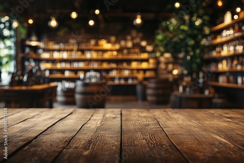 Empty wooden table with blurred Alcohol bottles on modern store