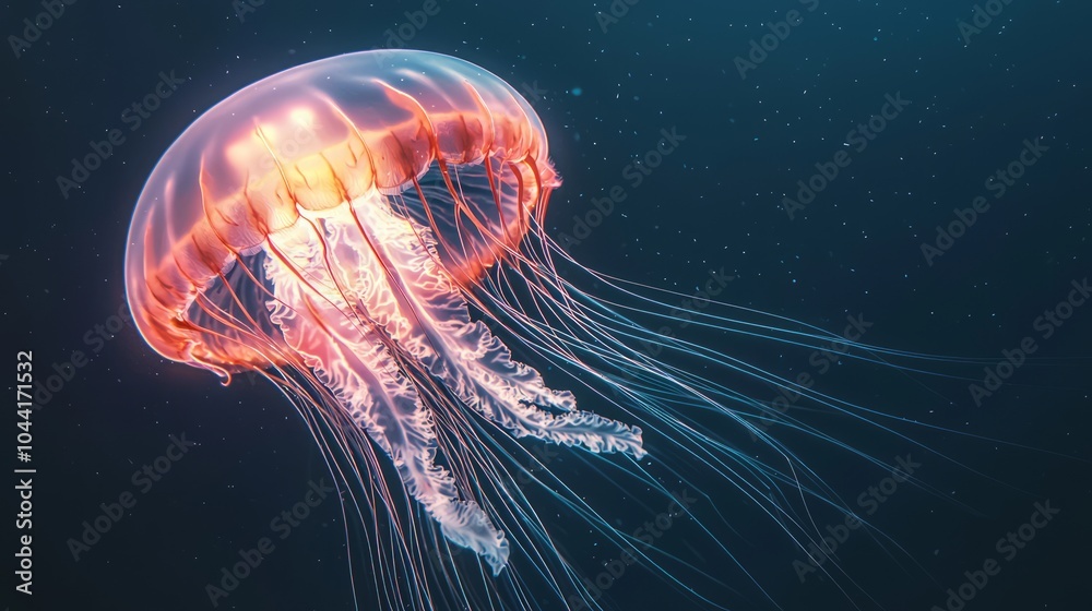 Fototapeta premium Illuminated Jellyfish in Enchanting Deep Sea Scene with Ultra-Detailed Luminescence