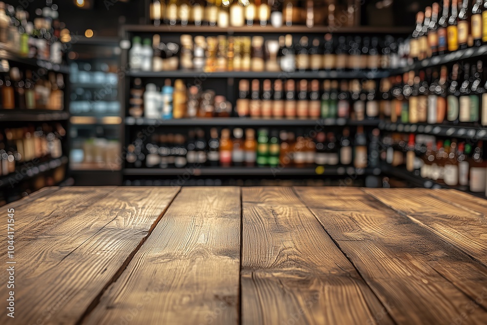 Empty wooden table with blurred Alcohol bottles on modern store Empty wooden table with blurred Alcohol bottles on modern store