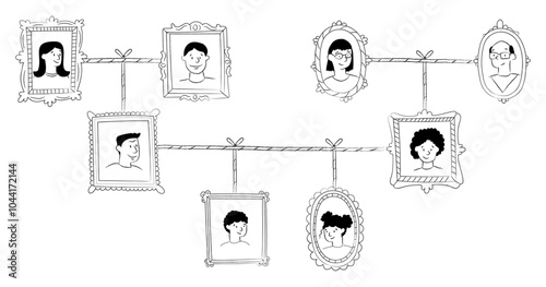 A modern illustration of genealogical tree. Family portraits. Sketch of generations. Parents, grandparents, children. Doodle people. Genealogy.