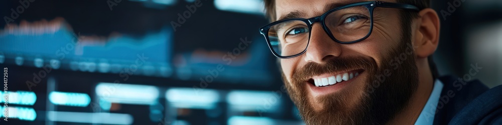 Bearded trader in glasses smiling in a sleek office, happy with his successful trade achievements Bearded trader in glasses smiling in a sleek office, happy with his successful trade achievements