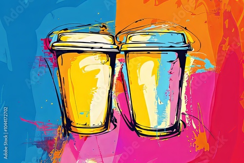 Two takeaway coffee cups with abstract colorful background. Modern pop art illustration for beverage concept designs.