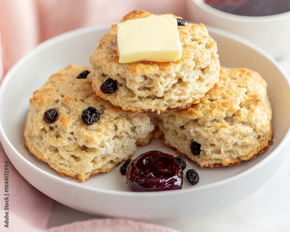 Fluffy biscuits with butter and jam, served in a white bowl, perfect for breakfast or a snack. Fluffy biscuits with butter and jam, served in a white bowl, perfect for breakfast or a snack.