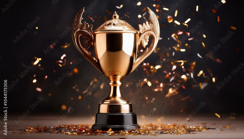 A bronze trophy cup with confetti on a dark background, symbolizing celebration of victory or success. 3D Rendering A bronze trophy cup with confetti on a dark background, symbolizing celebration of victory or success. 3D Rendering