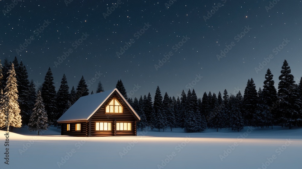 A warm-lit cabin stands amidst snow-covered trees, creating a tranquil winter ambiance in the alpine forest at night