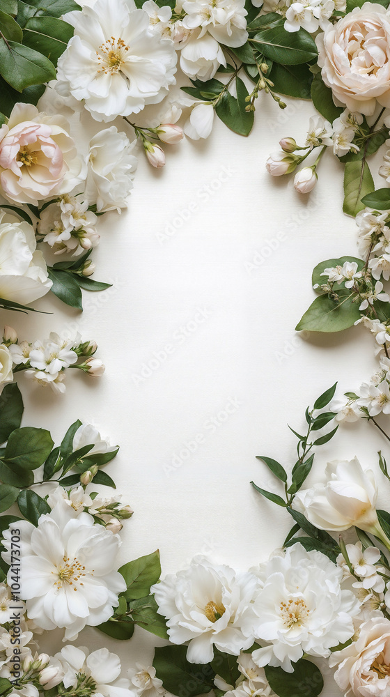 Elegant Floral Frame Mockup: Charming Arrangements With White And Blush Blooms For Invitations And Announcements, Framework For Photo Or Congratulation Card Elegant Floral Frame Mockup: Charming Arrangements With White And Blush Blooms For Invitations And Announcements, Framework For Photo Or Congratulation Card