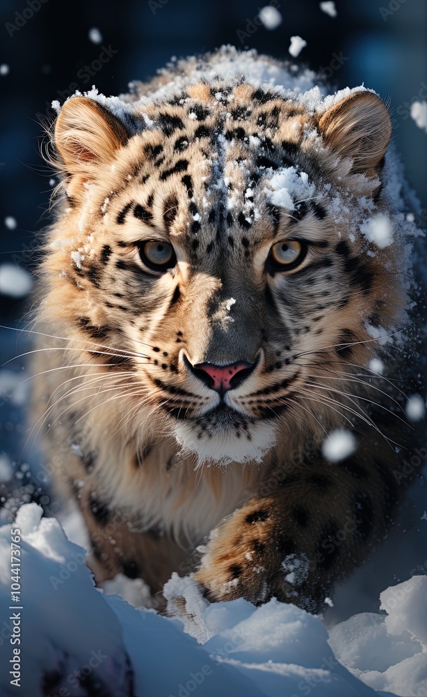 Fototapeta premium Close-up of an elusive snow leopard -Panthera uncia- traversing the rugged mountainous terrain.