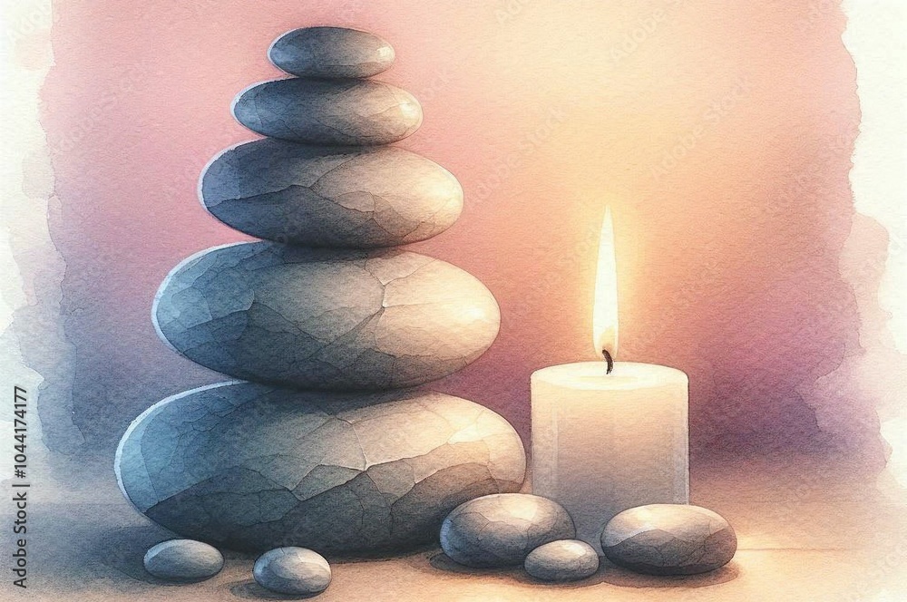 Stacked pebbles with a lit candle in a calming atmosphere Stacked pebbles with a lit candle in a calming atmosphere