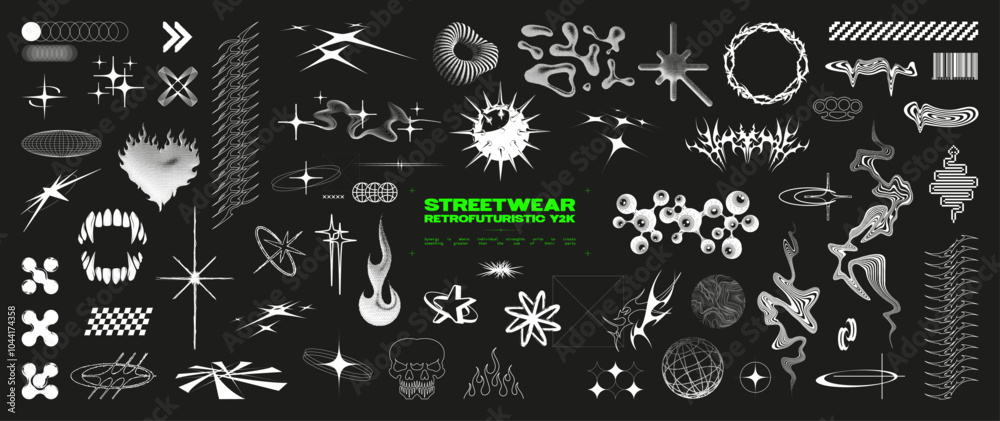Y2K-inspired, streetwear and retrofuturism, featuring abstract symbols, flames, spikes, stars, and dynamic lines. Y2K graphic box for typography, apparel, t-shirt, merch. Vector elements streetwear Y2K-inspired, streetwear and retrofuturism, featuring abstract symbols, flames, spikes, stars, and dynamic lines. Y2K graphic box for typography, apparel, t-shirt, merch. Vector elements streetwear