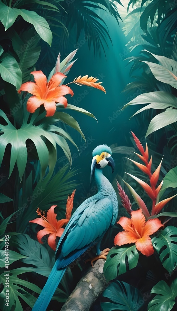 Tropical exotic pattern with animal and flowers in bright colors and lush vegetation Tropical exotic pattern with animal and flowers in bright colors and lush vegetation