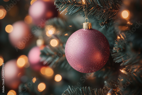 Weihnachtsstimmung mit rosafarbenden Christbaumkugeln an einem Tannenbaum, Weihnachtsstimmung in rosa gold mit warmen Lichtern, Festlich geschmückter Christbaum photo