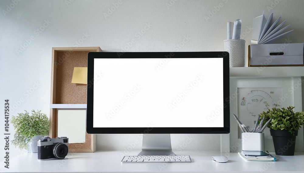Designer desktop with empty white computer screen Designer desktop with empty white computer screen