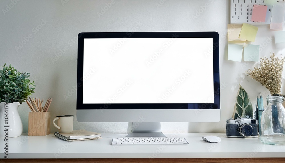 Designer desktop with empty white computer screen Designer desktop with empty white computer screen