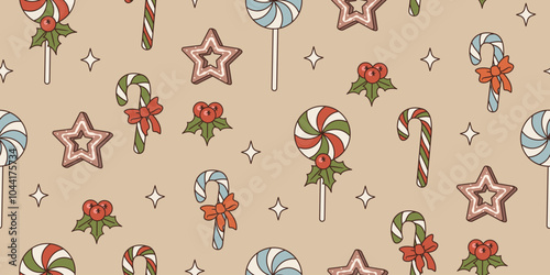 Christmas candy cane and gingerbread seamless pattern. Festive sweet in retro style. Vector background for Merry Christmas and Happy New Year design