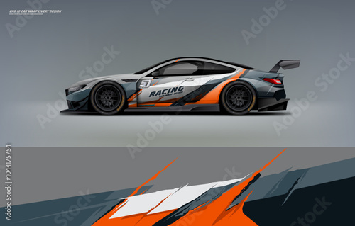 sporty racing graphics touch of orange lines Racing Car branding with racing wrap decal or livery design.