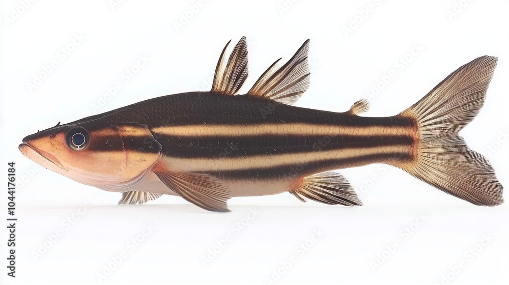 Striped Raphael Catfish displays its elegant body and striking stripes gliding through the water in a tranquil environment highlighting its unique characteristics. Striped Raphael Catfish displays its elegant body and striking stripes gliding through the water in a tranquil environment highlighting its unique characteristics.